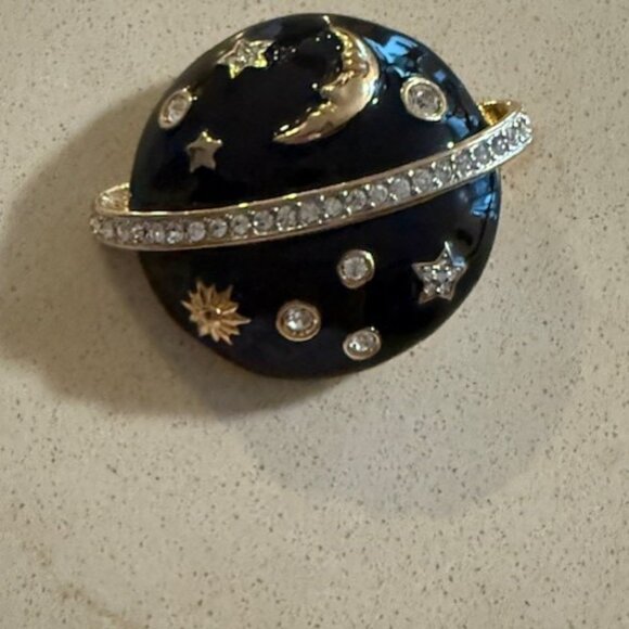 Swarovski Swan Signed Black Enamel Crystals Celestial Planet Brooch Stars Moon - Picture 7 of 12